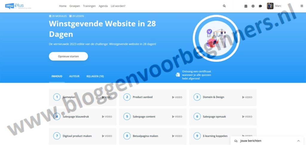 Op deze foto zie je de online omgeving van de Winstgevende Website in 28 dagen challenge